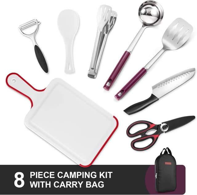 Detalle de Odoland Set d’ustensiles de cuisine camping 8 en 1 avec sac de rangement