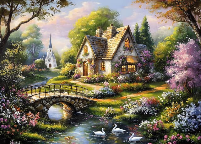 Detalle de Beautiful Cottage 1000-Piece Jigsaw Puzzle for Adults – Quaint Church Scene