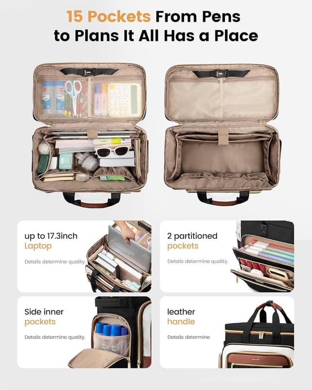 Detalle 2 de LOVEVOOK Rolling Teacher Bag with Detachable Dolly and Laptop Compartment (Fits 17.3-inch Laptop)