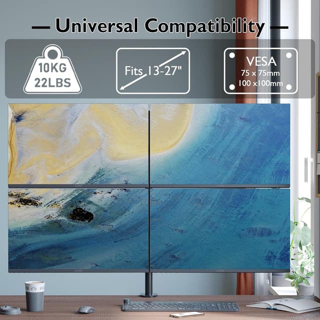 Detalle 2 de BONTEC Monitor Halterung für 4 Monitore (13–27 Zoll), höhenverstellbar, neigbar 180° schwenkbar 360° drehbar, VESA 75/100 mm