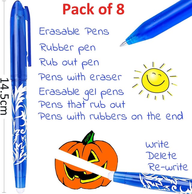 Detalle 2 de Artbiu 8 Erasable Pens Blue (Rub Out) – Gel Pens with End Rubbers, 0.5 mm