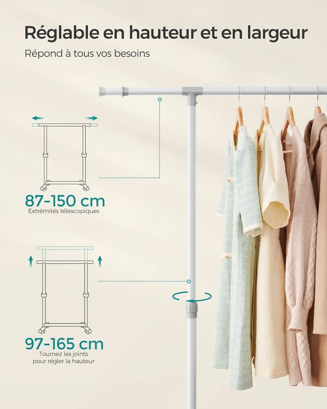 Thumbnail 6 de SONGMICS Stand Appendiabiti con ruote LLR001W01, altezza regolabile 97–165 cm e barra estensibile