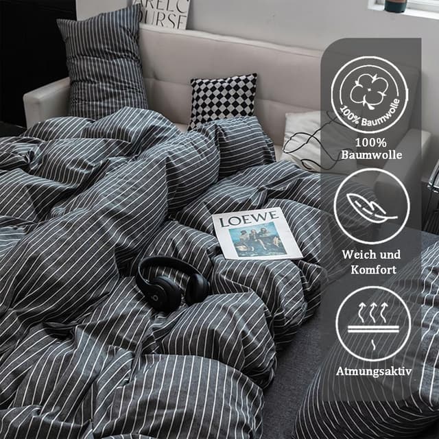Detalle de Nesture Bettwäsche-Set 135x200 (2-teilig) aus 100% gewaschener Baumwolle, grau gestreift
