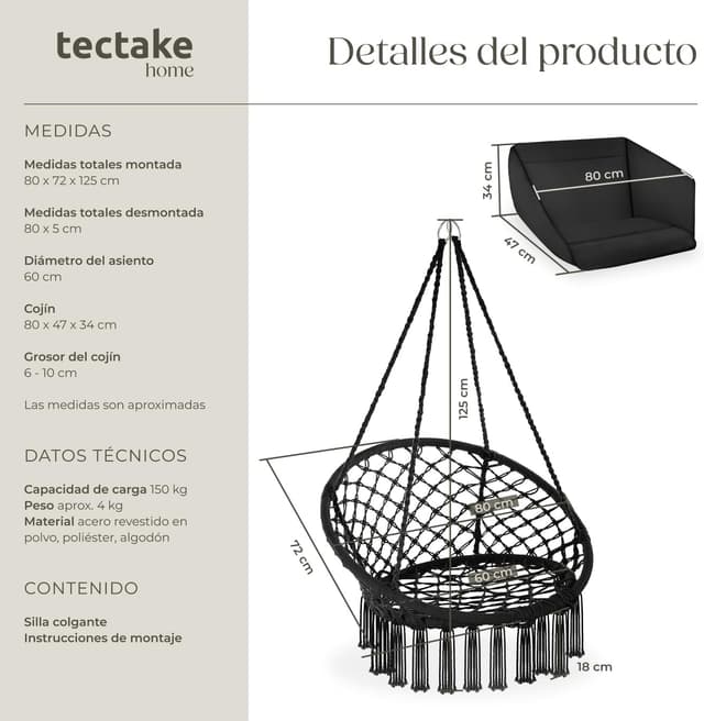 Thumbnail 5 de tectake Columpio Jardín Exterior Silla Colgante con Cojín