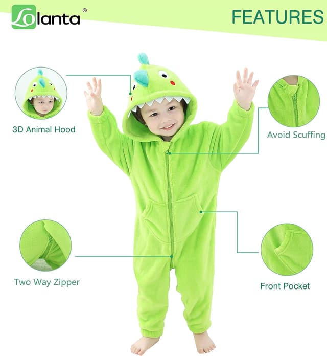 Detalle 2 de Déguisement dinosaure enfant LOLANTA en flanelle à capuche, combinaison à fermeture éclair