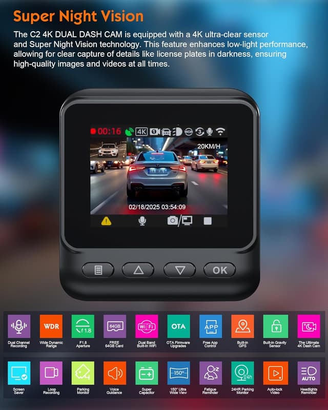 Thumbnail 3 de Sarmert C2 4K Dual Dash Cam with GPS and 64GB