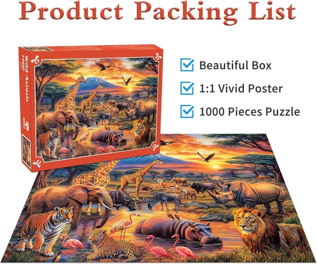 Detalle de Wild Animals 1000-Piece Jigsaw Puzzle (Lion, Tiger & Elephant) for Adults