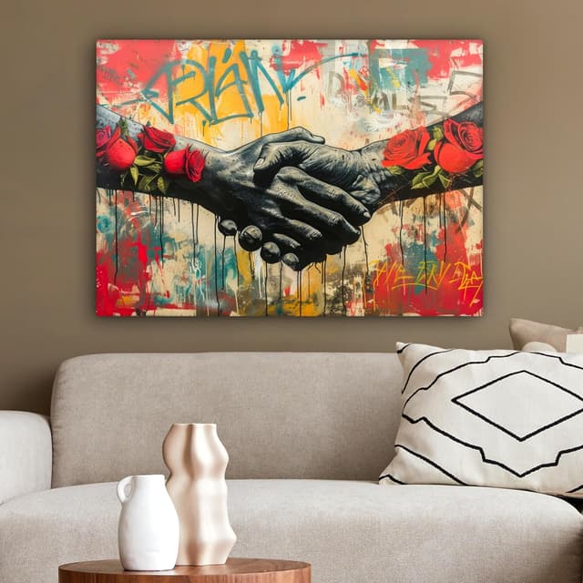Detalle de MuchoWow© Impression sur toile 80x60 cm décoration murale Roses, mains & street art