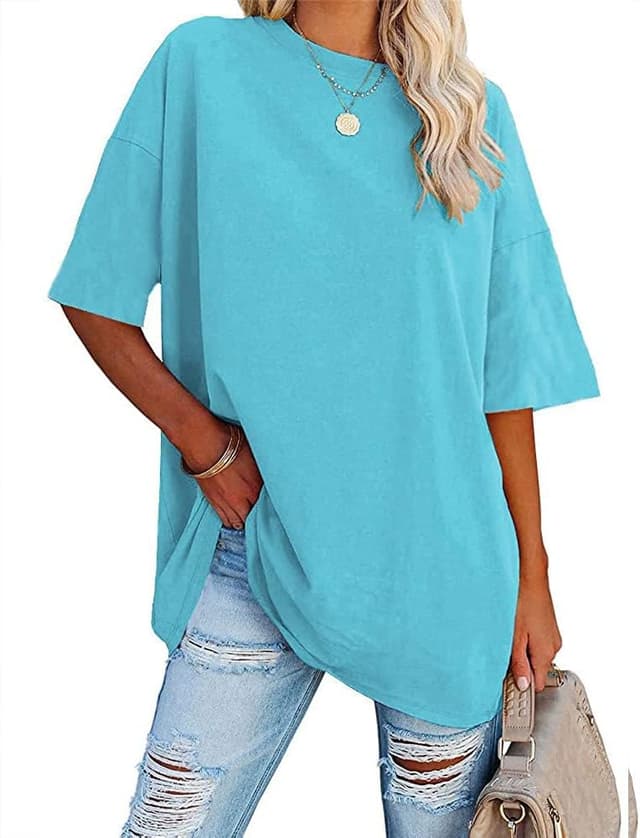 Detalle de Ebifin Oversize T‑Shirt für Damen mit Rundhals und kurzen Vintage-Ärmeln (Baumwollmix)