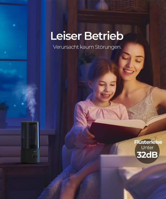Detalle de raydrop Ultraschall-Luftbefeuchter fürs Schlafzimmer (1,7 L) – leise & platzsparend, mit automatischer Abschaltung, schwarz