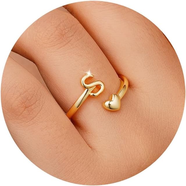 Detalle de TINGN Herz-Ringe mit Buchstaben – 14K Gold vergoldet, wasserfest, stapelbar (Damen & Mädchen)