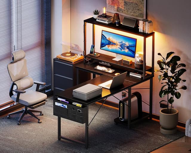 Thumbnail 6 de Coleshome Reversible L-Shaped Gaming Desk with LED Lights, Power Outlets & Shelves (110 × 80 cm) – Black