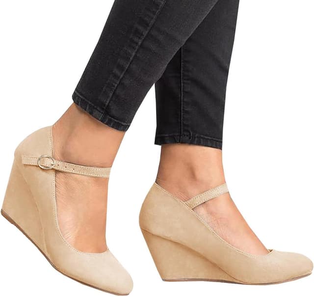 Detalle de Coutgo Women’s Wedge Pumps Mary Jane Shoes with Ankle Strap (Closed-Toe Wedge Heel)