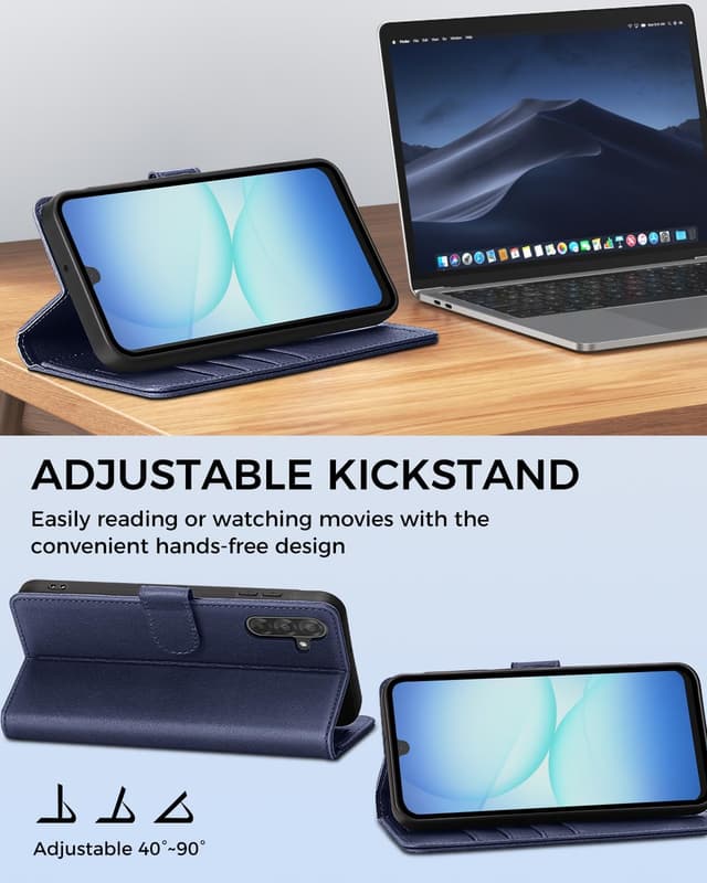 Detalle de AIMOYU Galaxy A17 5G Leather-Style Flip Wallet Case (Blue) with Kickstand, 4 Card Slots & RFID Blocking