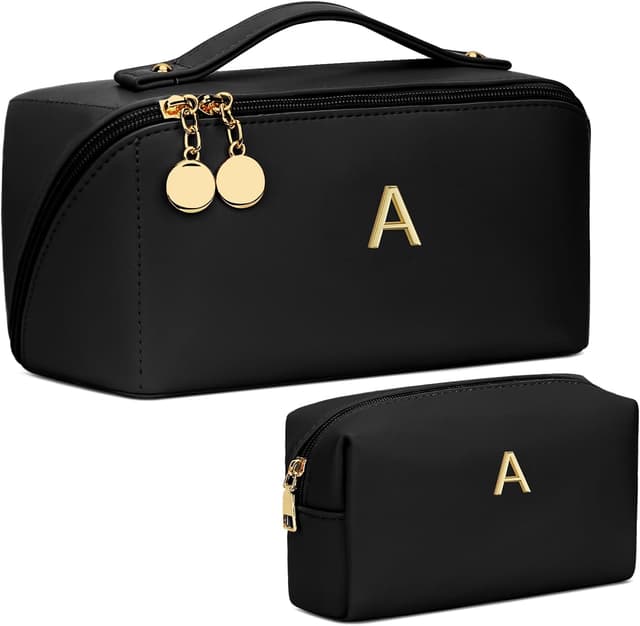Detalle de CLOUDWINGS Personalized Initial Makeup Organizer Bag Set (Open-Flat Travel Cosmetic Bags, Black)