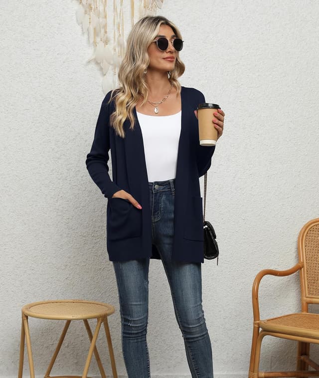 Detalle de Yommay Strickjacke für Damen – offene V-Ausschnitt-Cardigan aus 100% Viskose mit Taschen