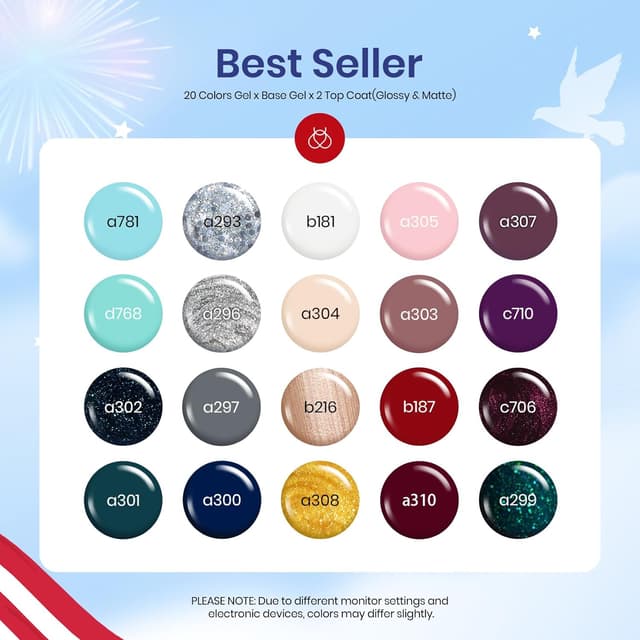 Detalle 2 de Beetles Gel Polish Set mit 20 Farben: glänzender & matter Überlack für DIY-Maniküre