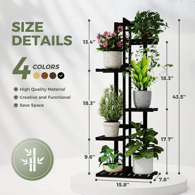 Detalle 2 de Bamworld 5-Tier Bamboo Corner Plant Stand (Black) for Indoor Window Gardens & Balconies