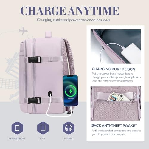 Detalle 2 de Yankony Mochila de cabina 44L 55x40x20 cm morada para avión con bolsillo antirrobo