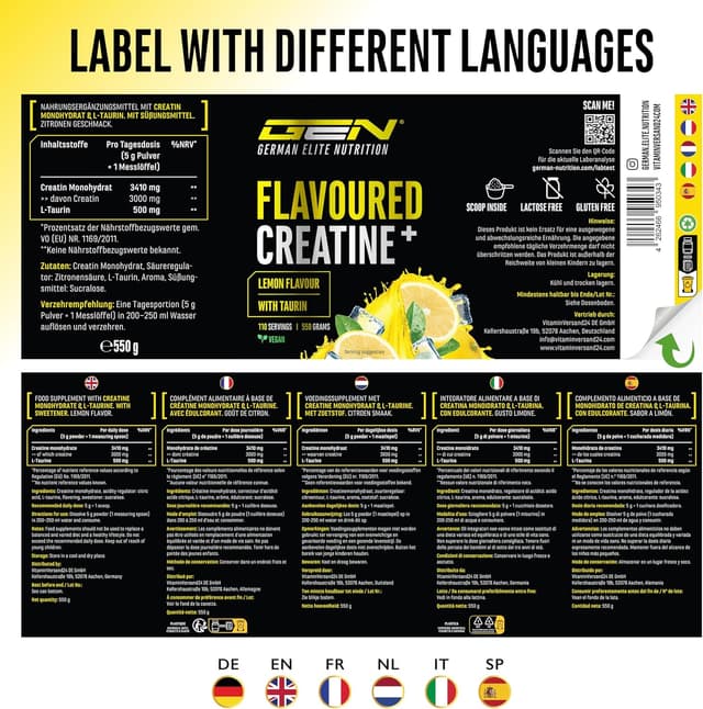 Thumbnail 6 de GEN German Elite Nutrition Flavoured Creatine Pulver (550 g) – Creatin Monohydrat mit L-Taurin, vegan & zuckerfrei