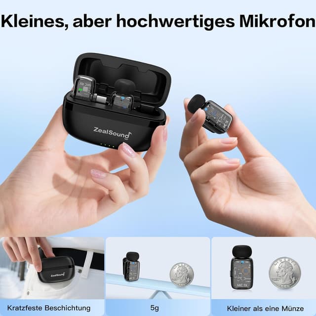 Detalle 2 de ZealSound Mini kabelloses Lavalier-Mikrofon für iPhone, Android & iPad (USB‑C/Lightning, ANC, 33 h Akku)