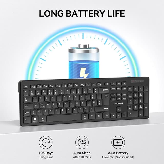Detalle 2 de TECKNET Wireless Keyboard (2.4G USB + Bluetooth) UK Layout, Full Size Ergonomic Keyboard with 105 Days Standby, Black