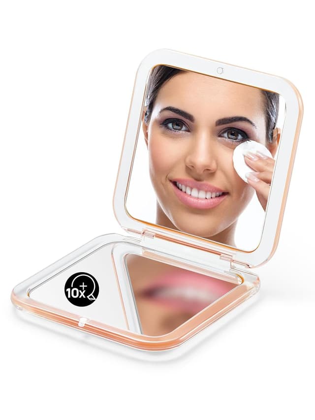 Detalle de OMIRO Taschenspiegel mit 10-facher Vergrößerung – kompakter Reise-Spiegel für Handtasche (quadratisch, 8,9 cm, Pfirsichflaum)