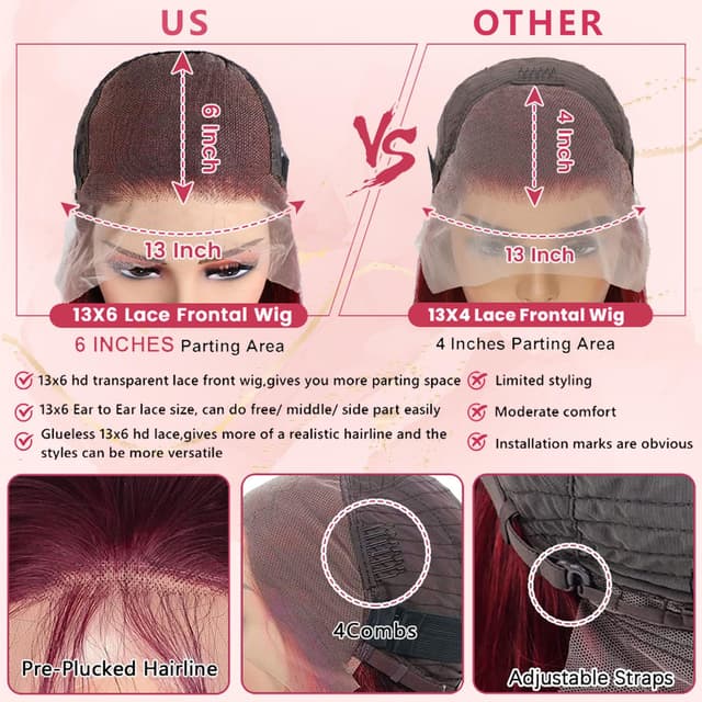 Detalle de pidrez 250% Density 28-Inch Burgundy Human Hair 13x6 Lace Front Wig (99J) Body Wave