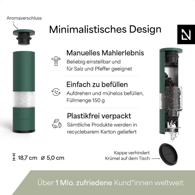 Detalle de LARS NYSØM Salz- & Pfeffermühle Set „Lagom“ manuell, Keramikmahlwerk (2-teilig) in Pine Green