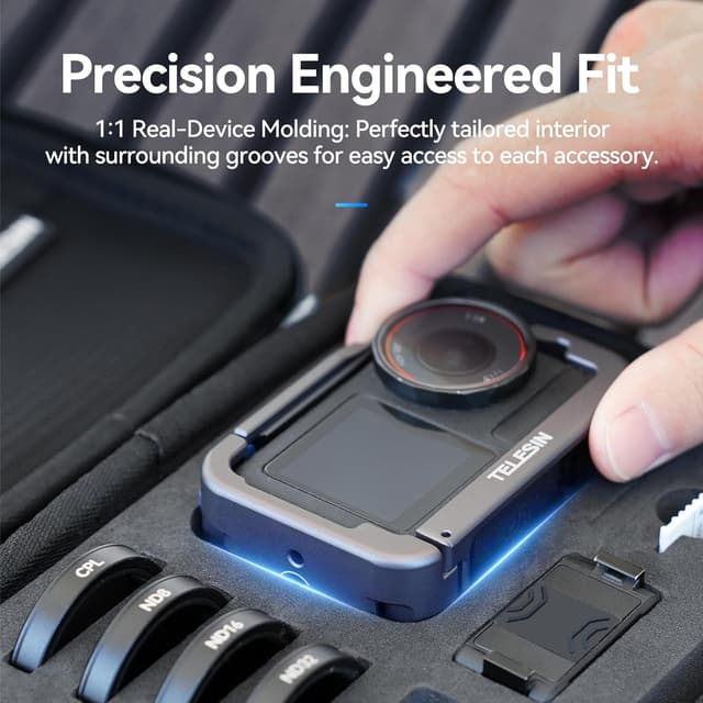 Detalle de TELESIN Tragetasche aus hartem PU für DJI Osmo Action 5 Pro/4/3 – schützende Reisetasche für Action-Cam-Zubehör