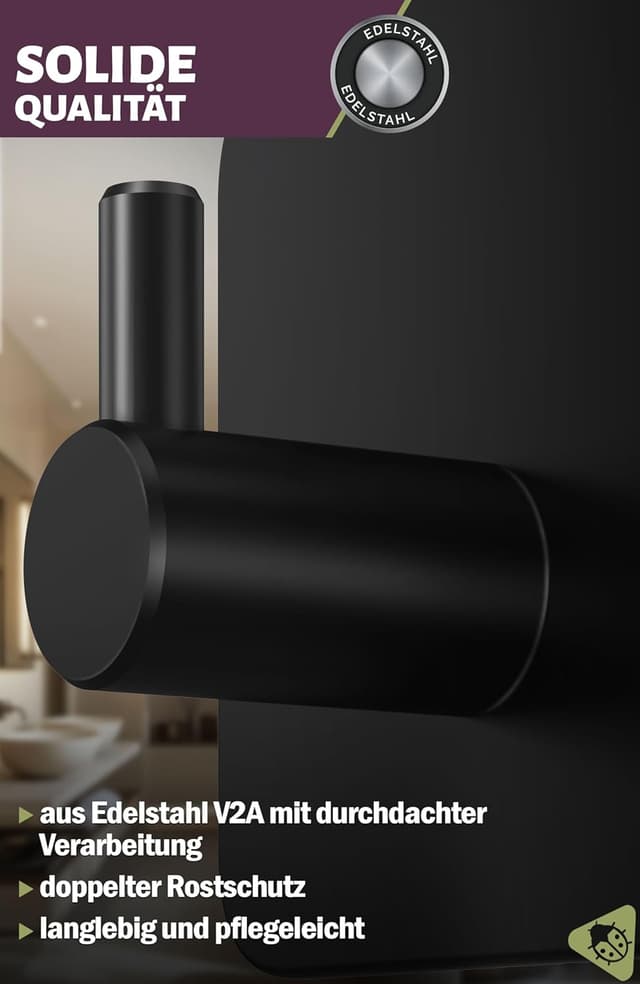 Detalle de Menz Handtuchhaken ohne Bohren, 6er-Set – schwarze selbstklebende Handtuchhalter aus Edelstahl