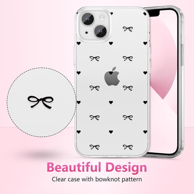 Detalle 2 de ZTOFERA durchsichtige Hülle für iPhone 15 Plus (6,7") mit Herz & Schleife Design, weiches TPU, stoßfest