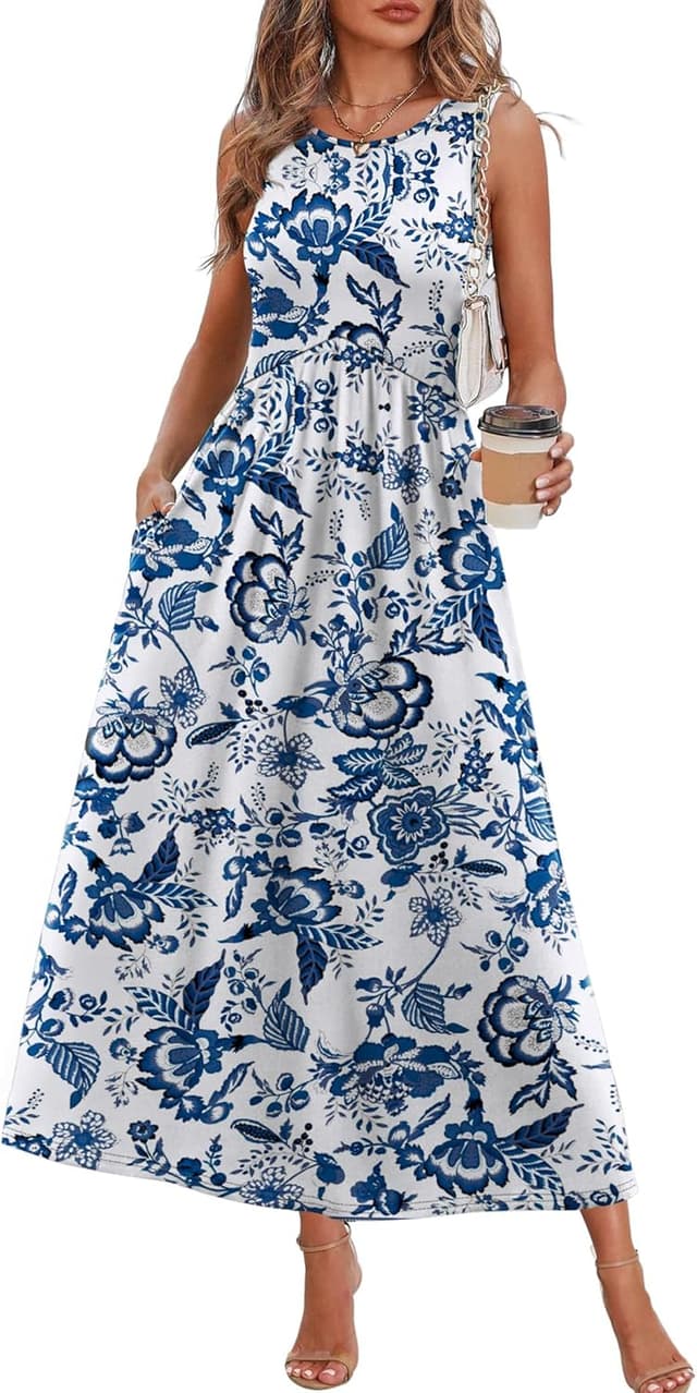 Detalle de WIHOLL Babydoll Maxi Dress with Pockets — Empire Waist Summer Sundress for Beach & Vacation