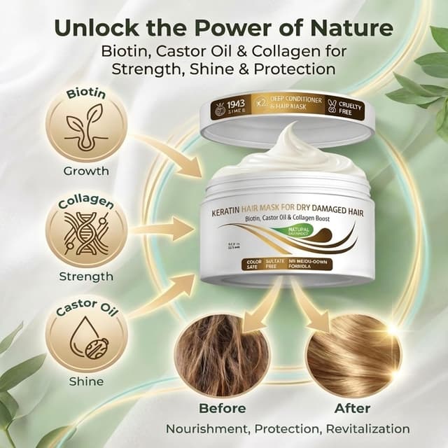 Detalle de VITAMINS Hair Cosmetics Keratin Hair Mask Protein Repair Treatment (Biotin, Collagen & Castor Oil) — 8.5 fl oz