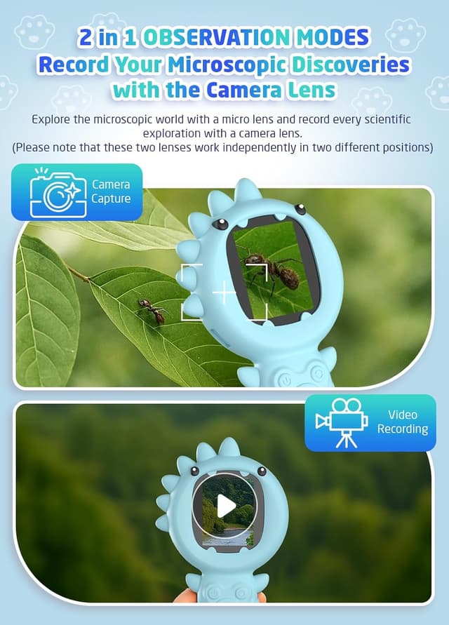 Detalle 2 de PHNIXGAM Kinder-Mikroskop (Mini Handheld) mit 2-Zoll-IPS-Display, 1080P & 500-facher Vergrößerung für Kinder ab 3 Jahren (Blau)