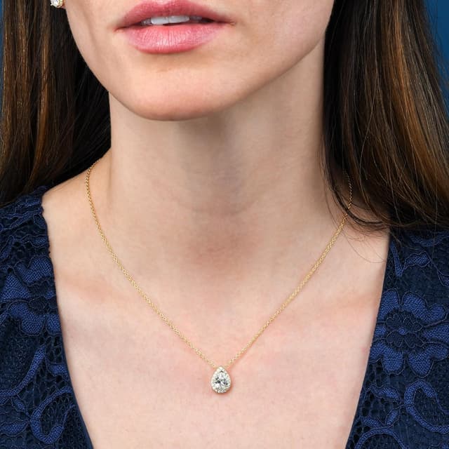 Detalle de Diamond Treats collier argent 925 avec pendentif poire « halo » en zircon – collier femme à pierre couleur (blanc, vert, bleu ou rouge)