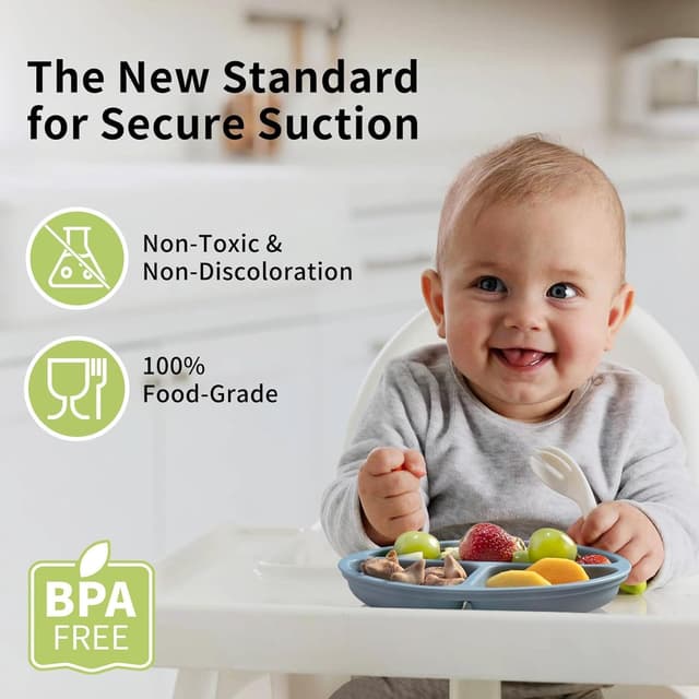 Detalle de BebeCalin Baby Suction Plate Set of 3 (Royal Blue/Cream/Army Green) – Non-Slip Divided BPA-Free Silicone Plates