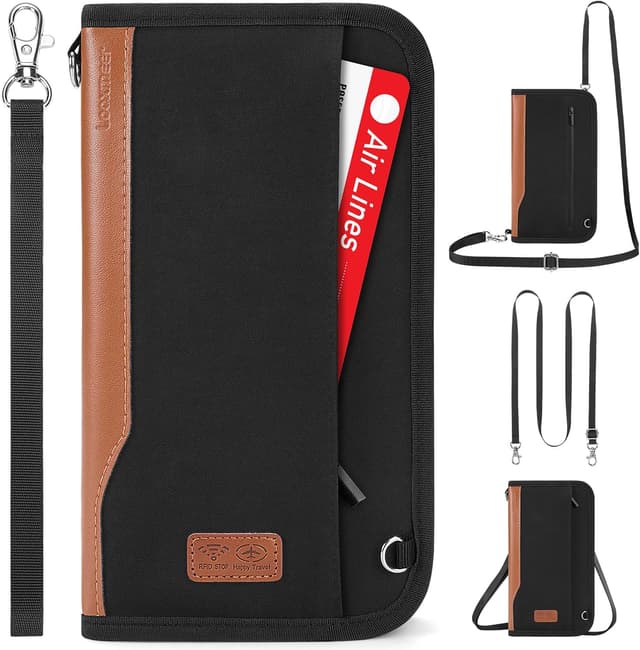 Detalle de Looxmeer Familien-Reisepasstasche mit RFID-Blocker und wasserdichtem Reiseorganizer (schwarz & braun)
