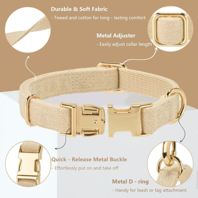 Detalle de Petiry Tweed Dog Collar with Quick Release Buckle (Beige) – Adjustable 40–66cm
