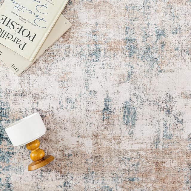 Detalle de HUGEAR waschbarer Design-Teppich (60 x 90 cm) in Beige/Blau – rutschfest & kurzflorig für Flur und Eingang