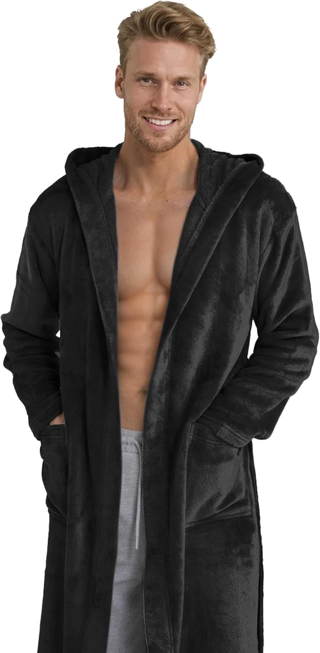 Detalle 2 de Twinzen Kuschelfleece-Morgenmantel mit Kapuze S (unisex) – Schwarz, weich & bequem