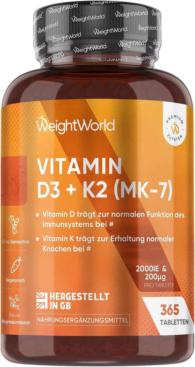 Detalle de Vitamin D3 K2 2000 IE – 365 Tabletten (2-Jahres-Vorrat) von WeightWorld