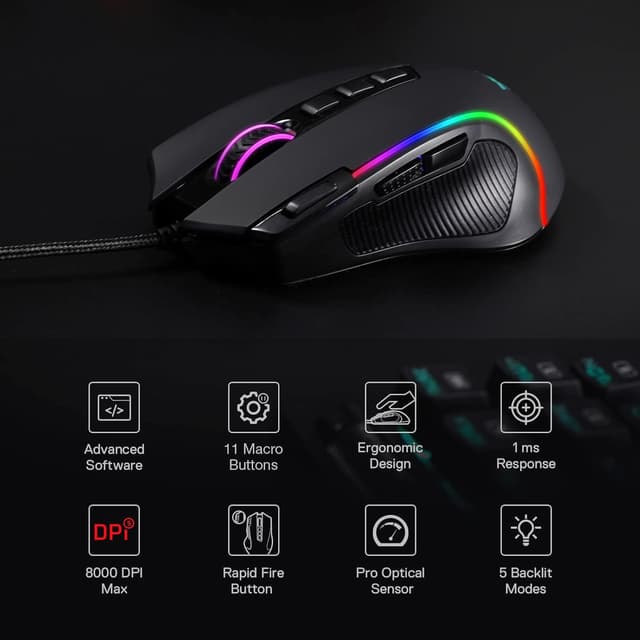 Detalle de Redragon M612 Predator RGB: mouse gaming cablato con 11 pulsanti programmabili e DPI fino a 8.000