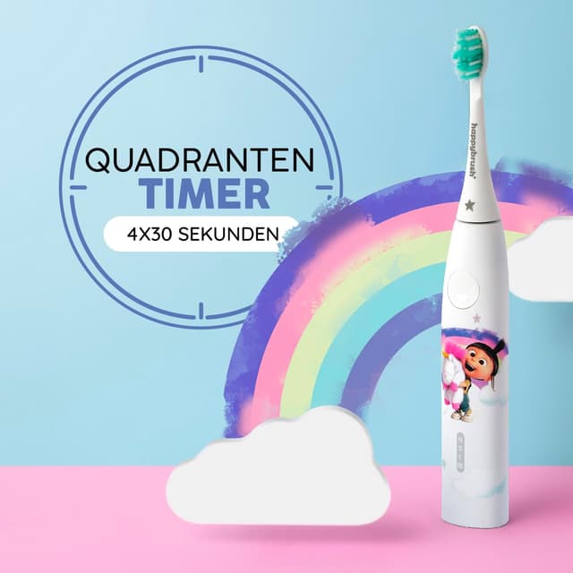 Detalle de happybrush Kids Schallzahnbürste inkl. 3 Aufsteckbürsten – Paw Patrol & Minions Agnes Einhorn-Design