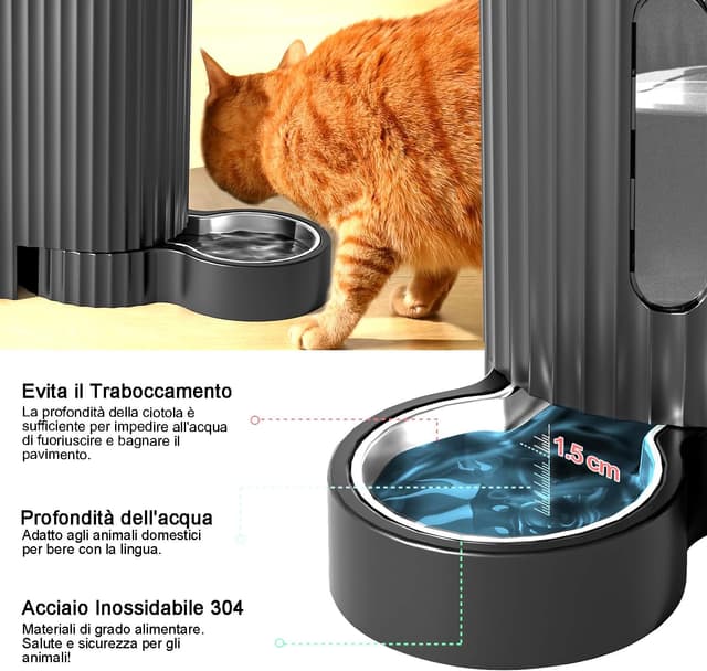 Detalle de Gardner Pet distributore 2 in 1 a gravità cibo e acqua con ciotole in acciaio inox 3L+3L (non elettrico) grigio scuro