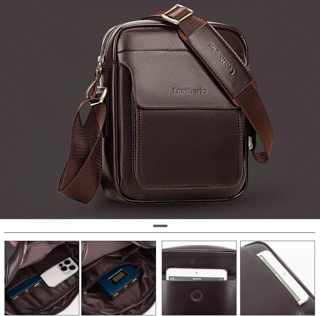 Detalle de Leathario men’s vegan leather shoulder bag (small messenger, cross body) for work, travel and daily use