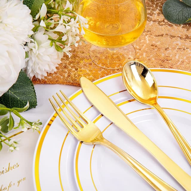 Detalle de I00000 200-Piece Gold Plastic Party Plates Set (100 Dinner + 100 Dessert) — BPA-Free Disposable Plates