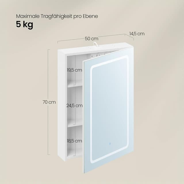 Detalle de EUGAD Spiegelschrank für kleine Badezimmer mit 1 Spiegeltür, 3 Farbtemperaturen & Steckdosen (50 x 70 x 14,5 cm) – Weiß