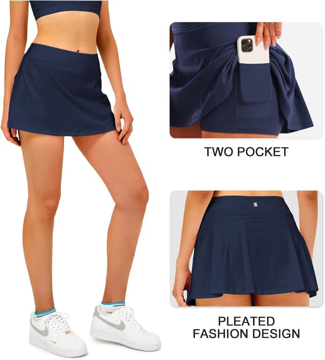Detalle de Stelle Women’s High-Waisted Tennis Skort with Pockets & Built-In Shorts (Pleated Pickleball/Golf)
