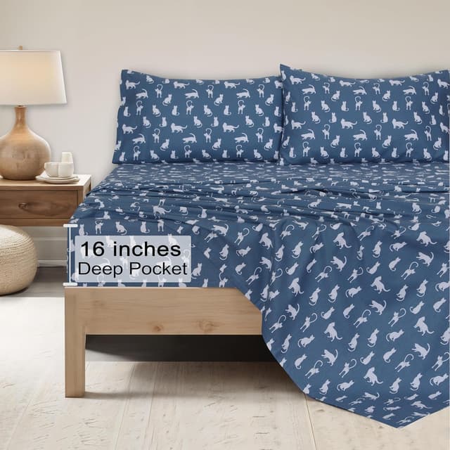 Detalle de ZOYER Queen Flannel Sheets Set (100% Cotton) - Double Brushed, 16-Inch Deep Pockets, White Cat, 4-Piece